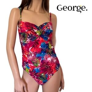George One Piece Swimsuit Embedded Padded Bra Ruching Cross Over Cups Tiki